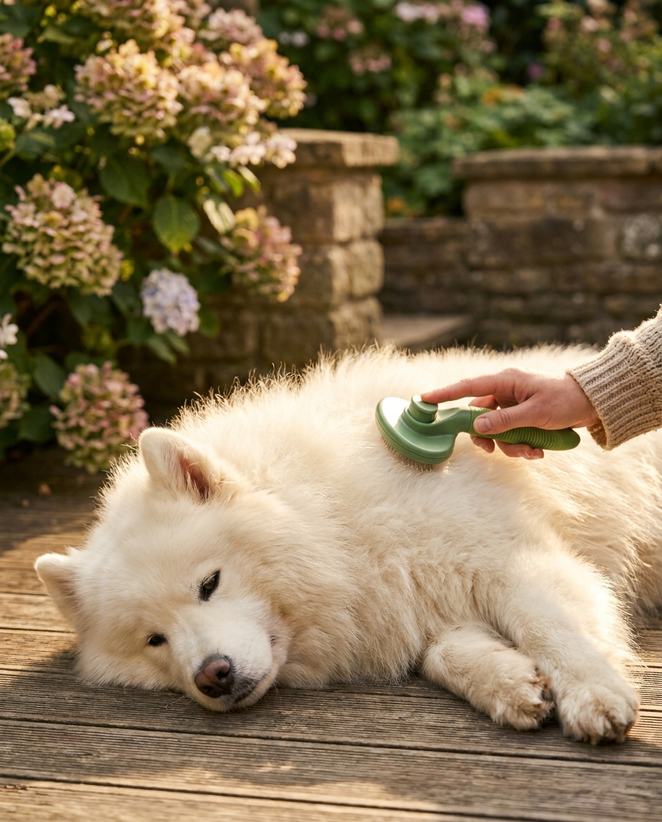 Samoyed being groomed outdoors with a green self-cleaning slicker brush on a sunny wooden deck