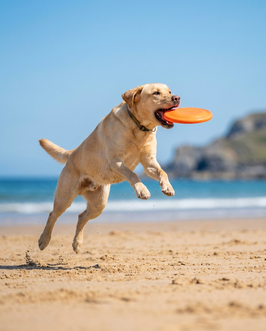 Yellow labrador leaping mid-air to catch an orange frisbee at a sunny British beach