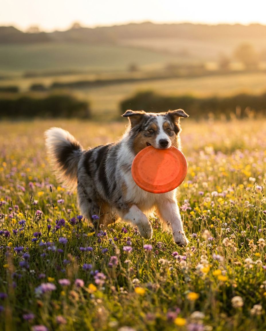 Australian shepherd sprinting across a wildflower UK meadow with an orange frisbee in its mouth