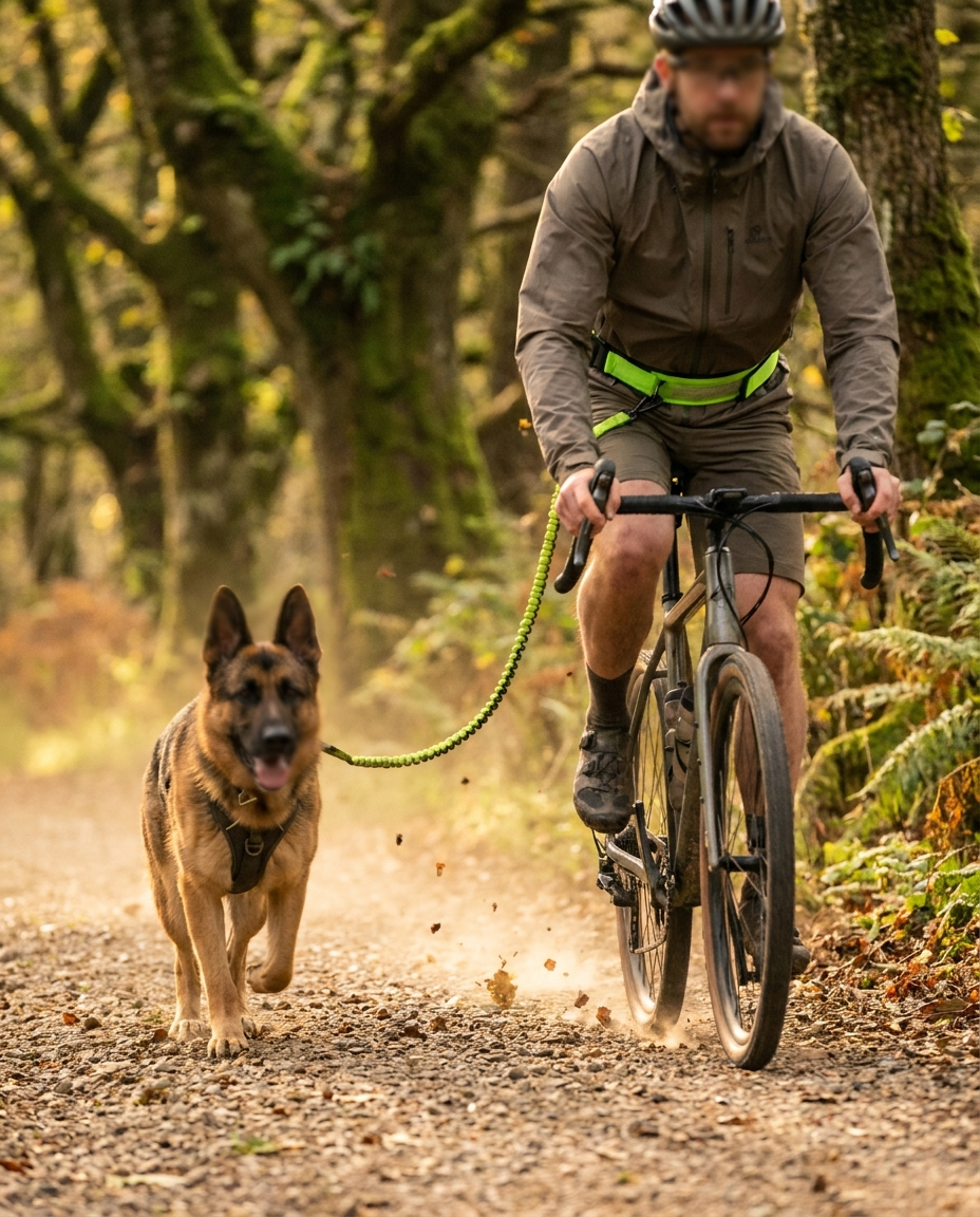 Cyclist on a UK gravel forest path with a hands-free bungee leash to a german shepherd running alongside