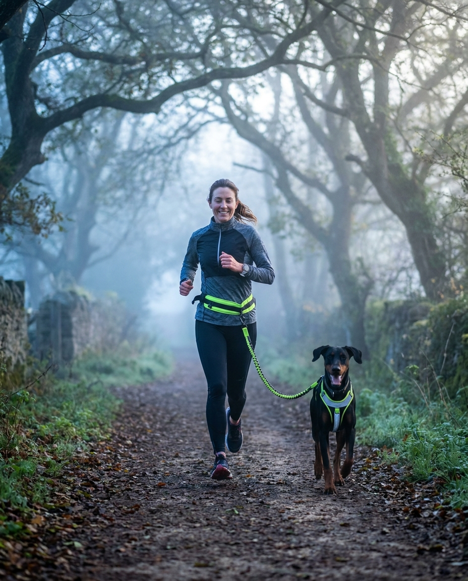 Jogger on a misty UK path at dawn with a hands-free bungee leash to a doberman