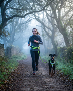 Jogger on a misty UK path at dawn with a hands-free bungee leash to a doberman