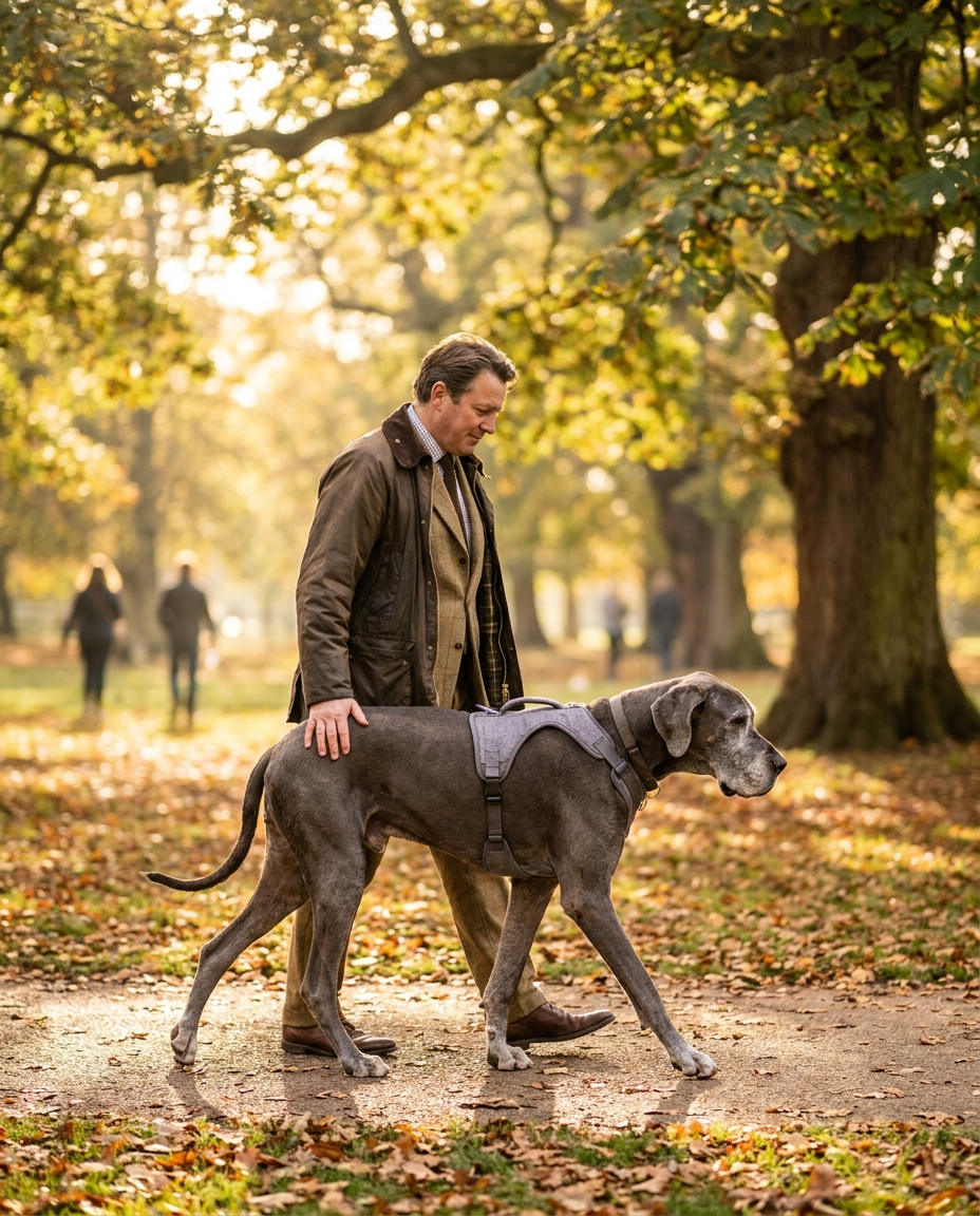 Owner walking a great dane in a UK park supporting the hind legs with a padded rehabilitation sling