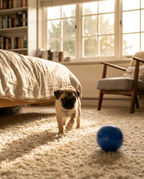 Pug puppy chasing a blue smart interactive dog ball across a cream bedroom carpet in a UK home