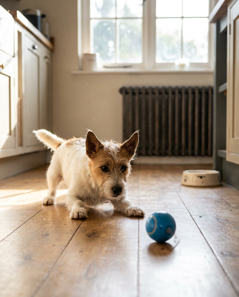 Jack russell terrier stalking a rolling blue smart interactive dog ball on a UK oak kitchen floor