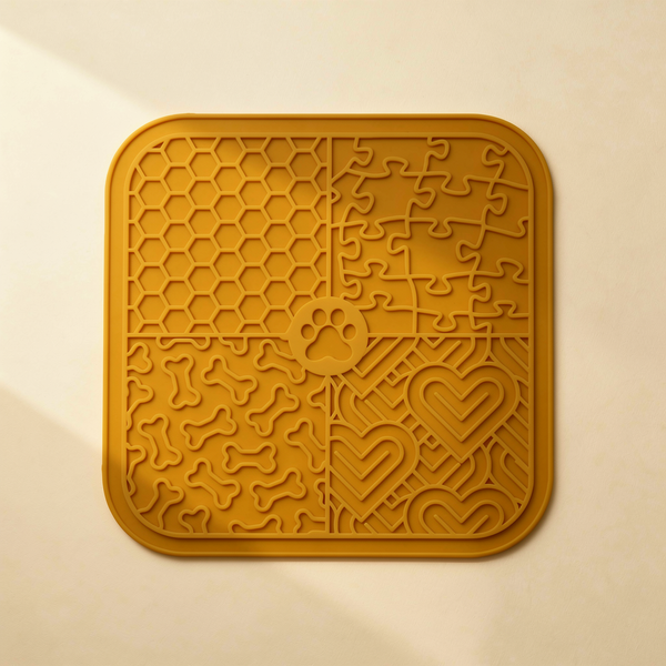 Buddies silicone slow-feed licking mat in warm mustard yellow. Four textured quadrants (honeycomb, jigsaw, bones, hearts) with a paw-print emboss at the centre.