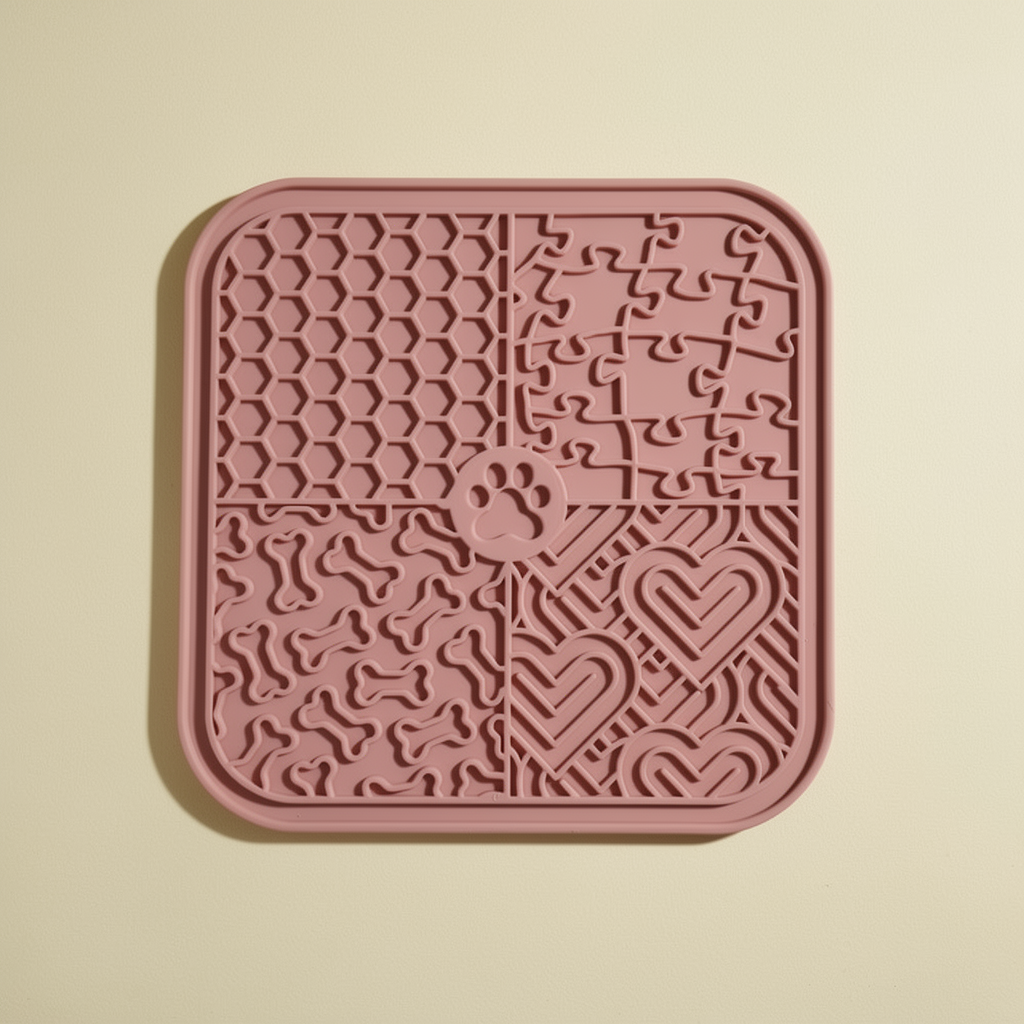 Buddies silicone slow-feed licking mat in dusty pink. Same 4-quadrant slow-feed pattern with paw-print centre.