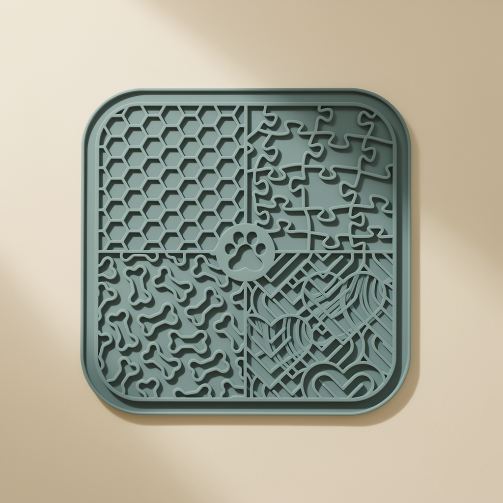 Buddies silicone slow-feed licking mat in muted teal blue. Same 4-quadrant slow-feed pattern.