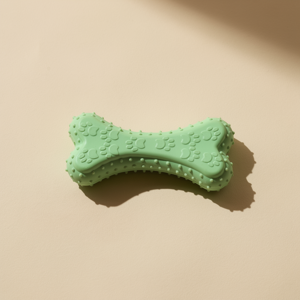 Buddies bite-resistant TPR dog chew bone in fluorescent lime green. Same chunky paw-print pattern.