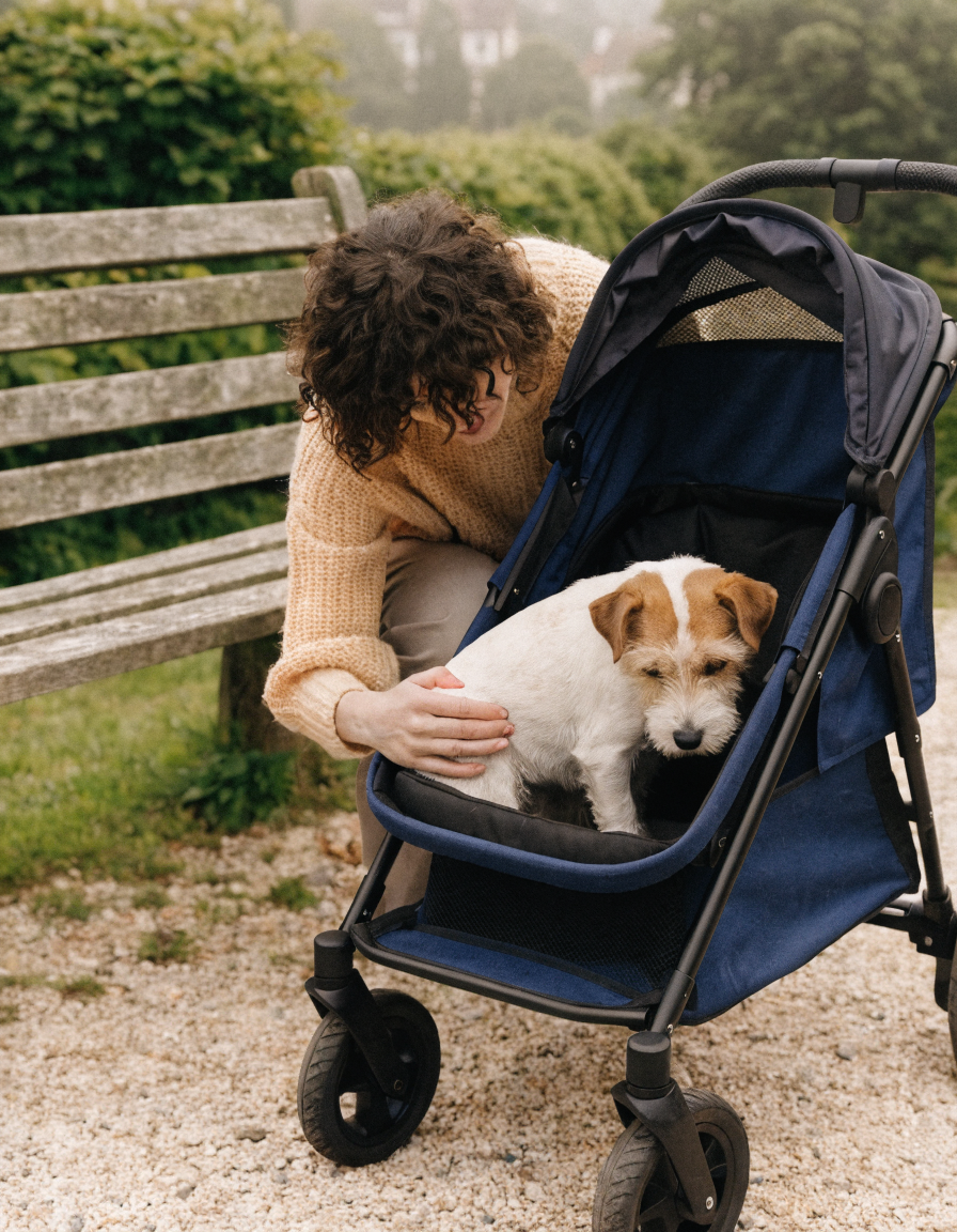 An owner gently settling an elderly Jack Russell terrier into a navy dog stroller