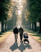 A couple walking a dog stroller down an avenue of trees with a terrier looking out