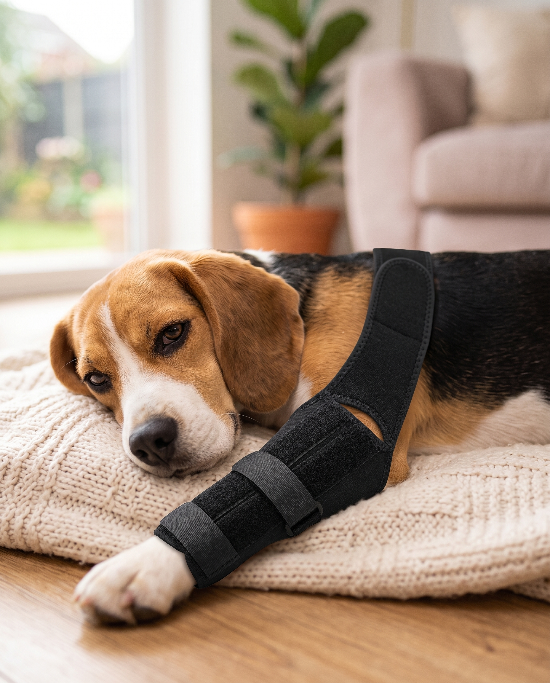 A beagle lying on a cream blanket wearing a dark protective sleeve on its front leg