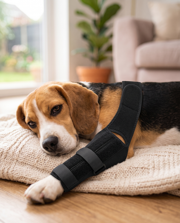 A beagle lying on a cream blanket wearing a dark protective sleeve on its front leg