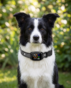A border collie sitting in a garden wearing a slim vibration training collar