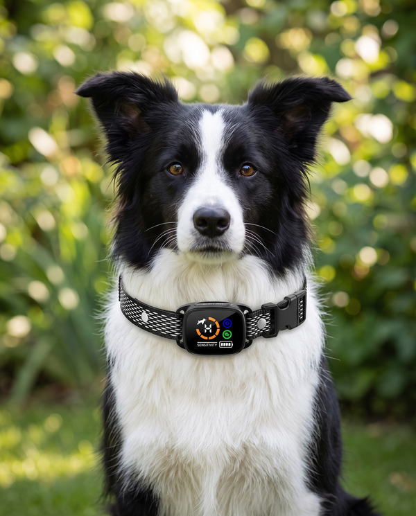 A border collie sitting in a garden wearing a slim vibration training collar