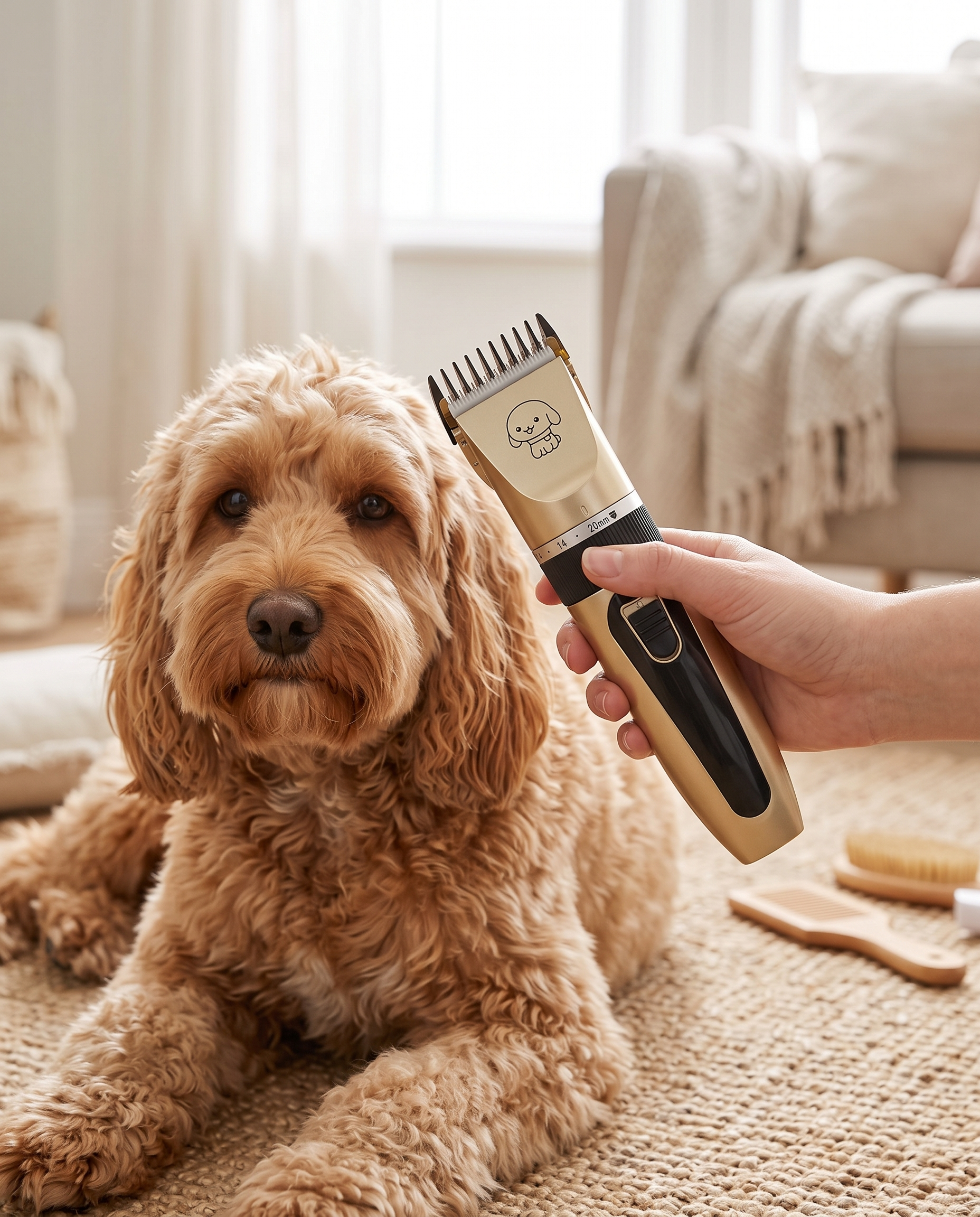 An owner grooming a relaxed cockapoo with a low-noise cordless clipper