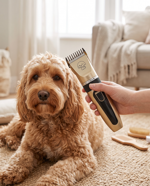 An owner grooming a relaxed cockapoo with a low-noise cordless clipper