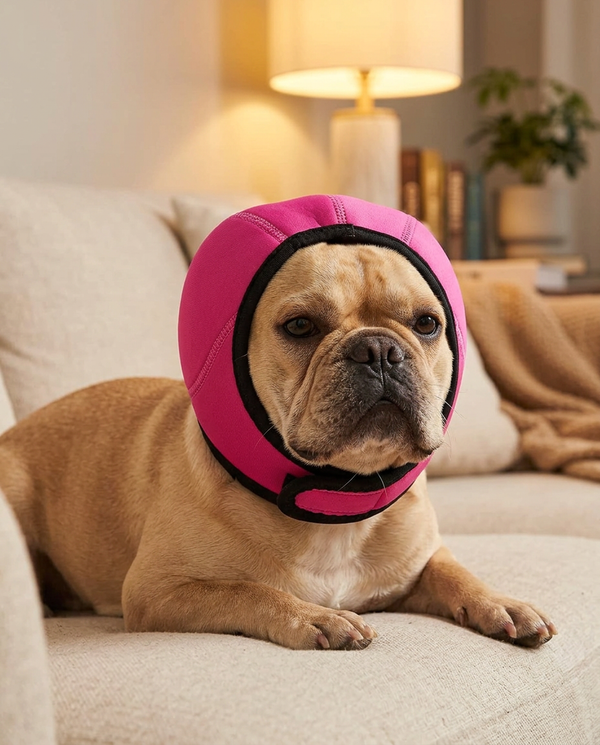 A french bulldog resting on a sofa wearing padded noise reduction ear defenders
