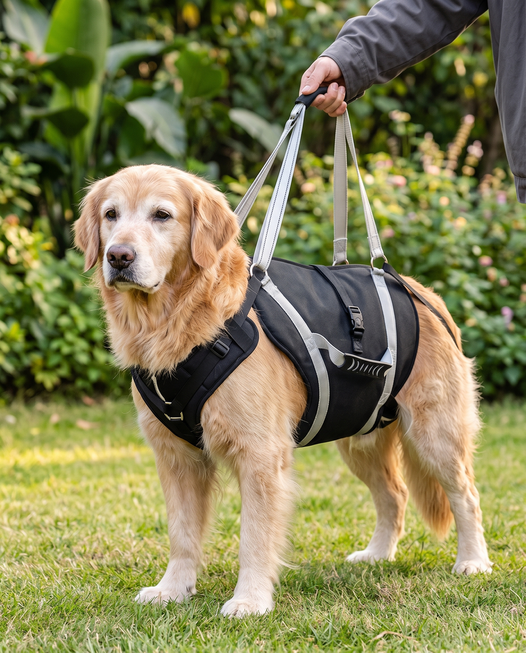 A senior golden retriever wearing a black full-body support harness on a garden lawn
