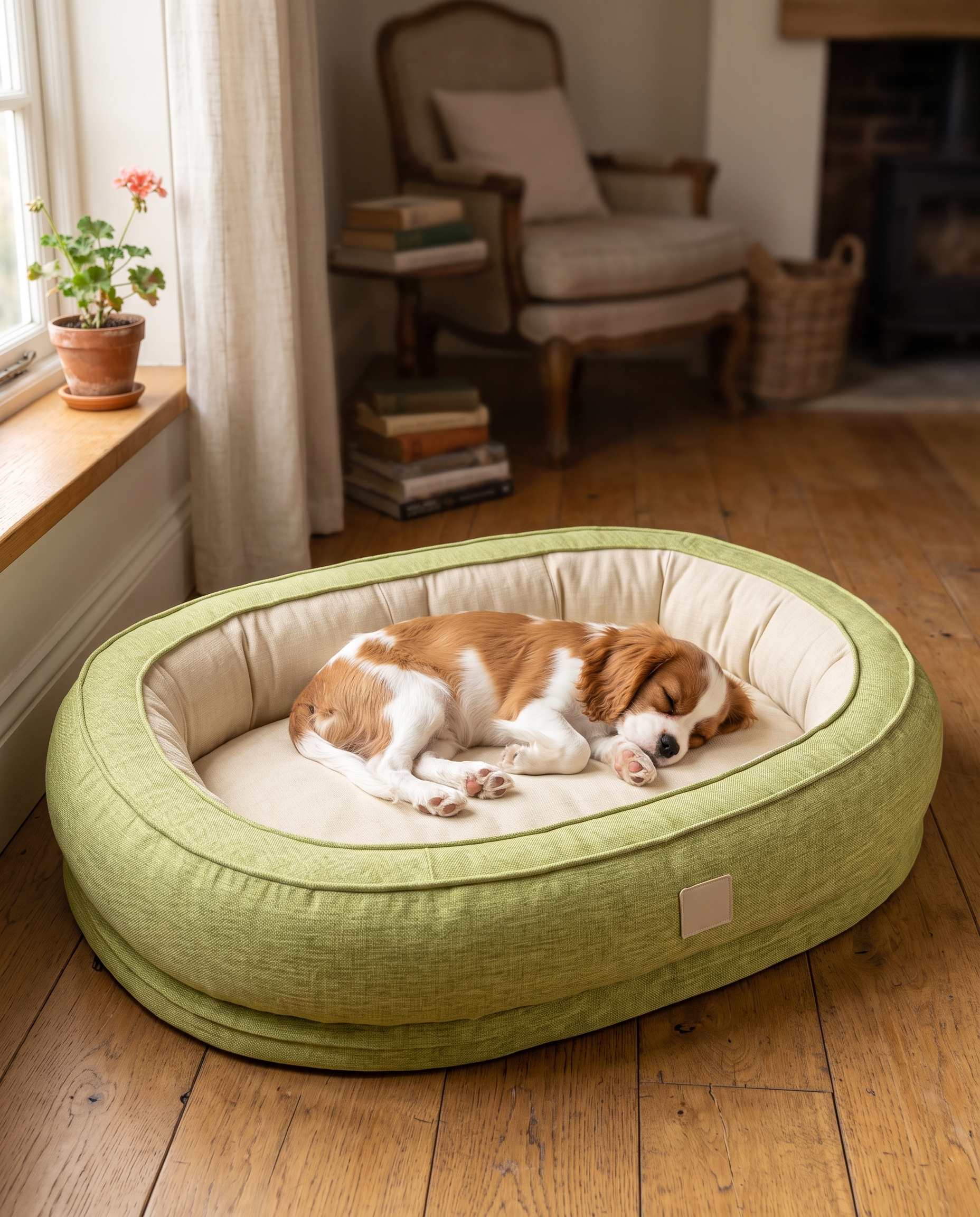 A cavalier king charles spaniel curled asleep in a deep-filled bolster dog bed