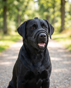 A friendly labrador sitting calmly outdoors wearing a black basket muzzle with room to pant