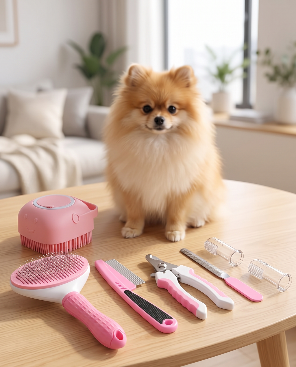 A stainless steel dog grooming tool set laid out on a wooden table with a pomeranian behind