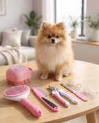 A stainless steel dog grooming tool set laid out on a wooden table with a pomeranian behind