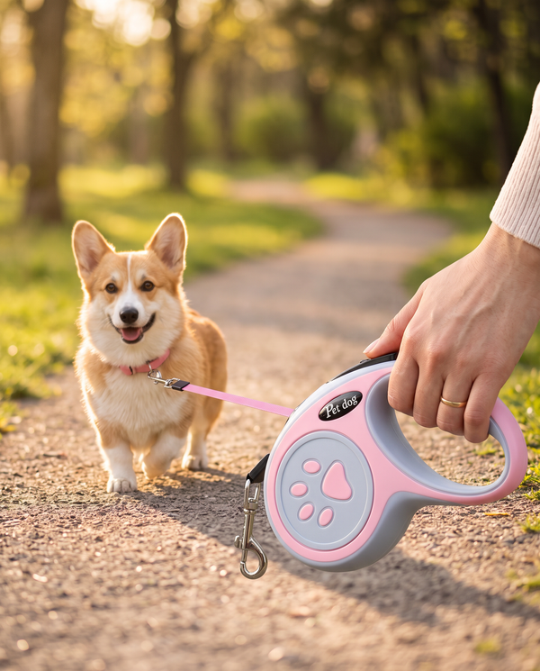 An owner holding a retractable dog lead with a corgi trotting ahead on a park path