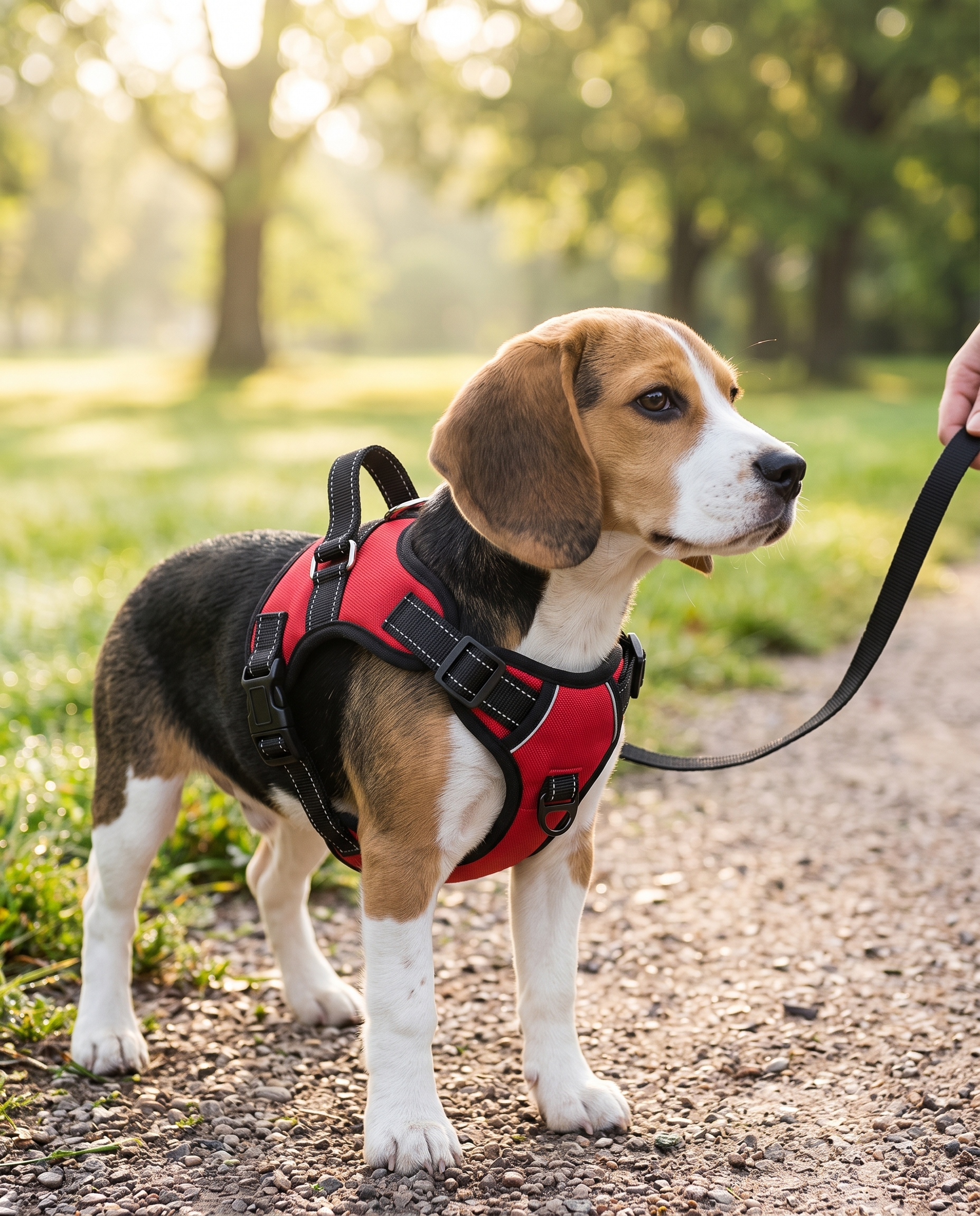 A young beagle standing on a park path wearing a breathable no-choke chest harness