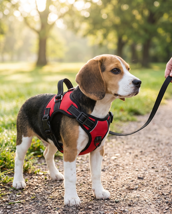 A young beagle standing on a park path wearing a breathable no-choke chest harness