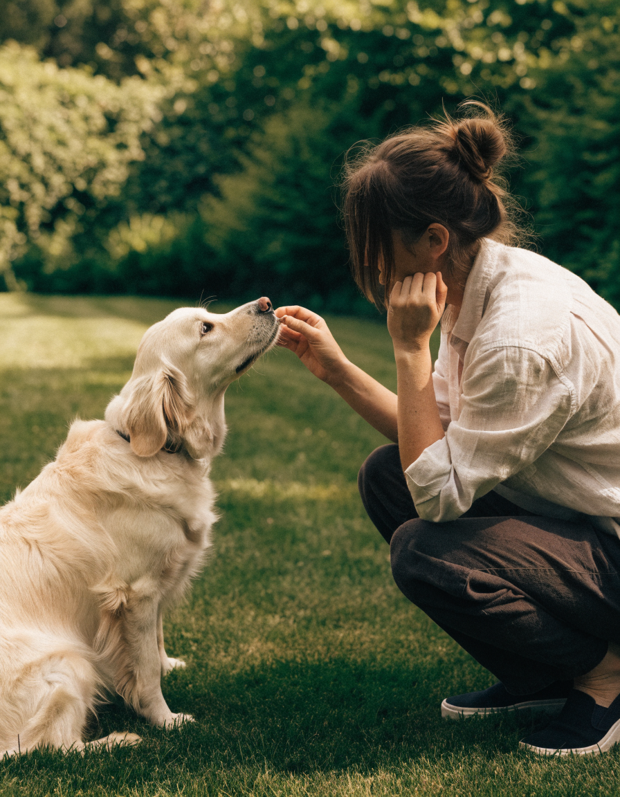 A golden retriever in a slim dark collar being rewarded with a treat during positive training