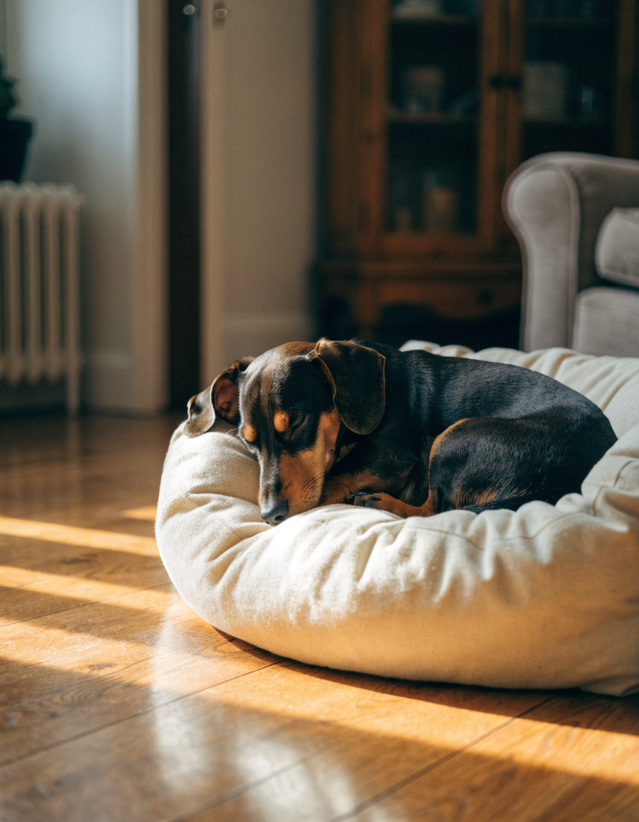A black and tan dachshund sleeping deeply curled in a cream bolster dog bed on a wooden floor