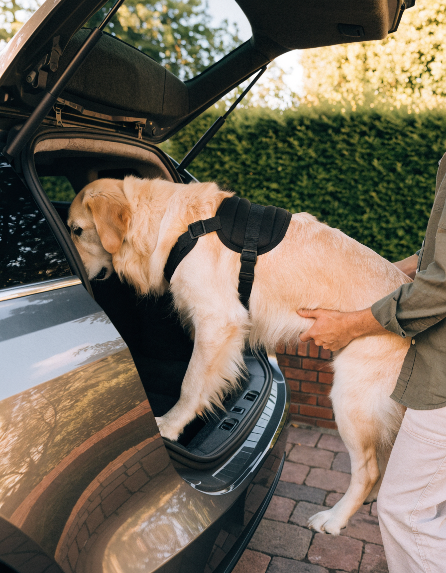 A golden retriever in a support harness being helped into the boot of a car