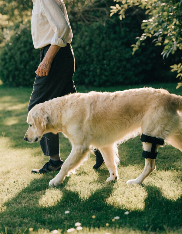 A cream labrador walks across a sunlit garden lawn wearing a black hind-leg support brace
