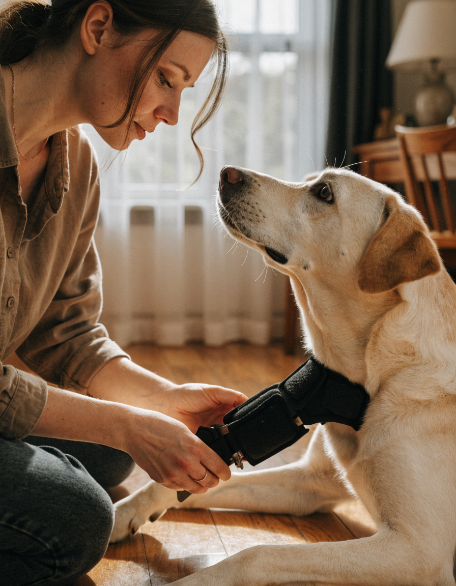 An owner gently fastens a black knee brace onto the hind leg of a pale cream labrador at home