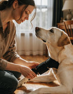 An owner gently fastens a black knee brace onto the hind leg of a pale cream labrador at home