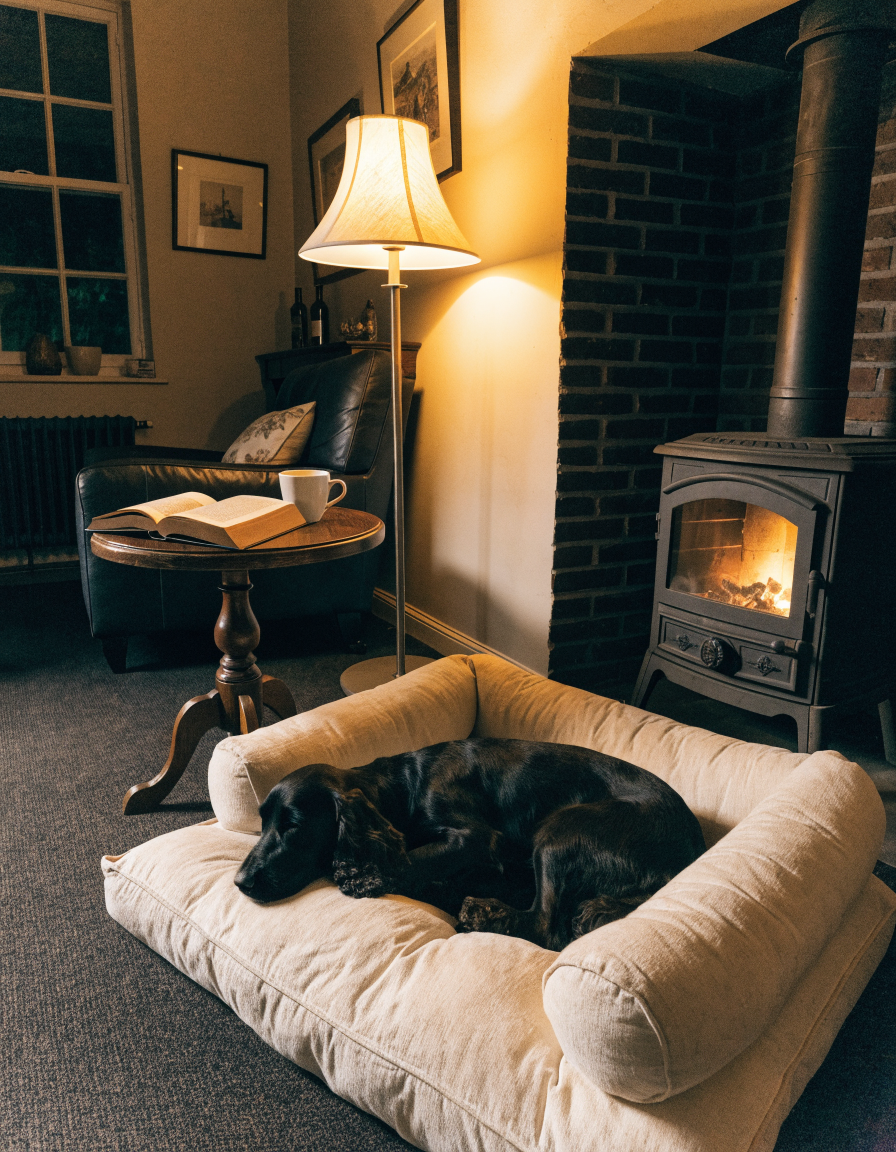 A cream bolster dog bed beside a lit wood burner with a black cocker spaniel asleep in it
