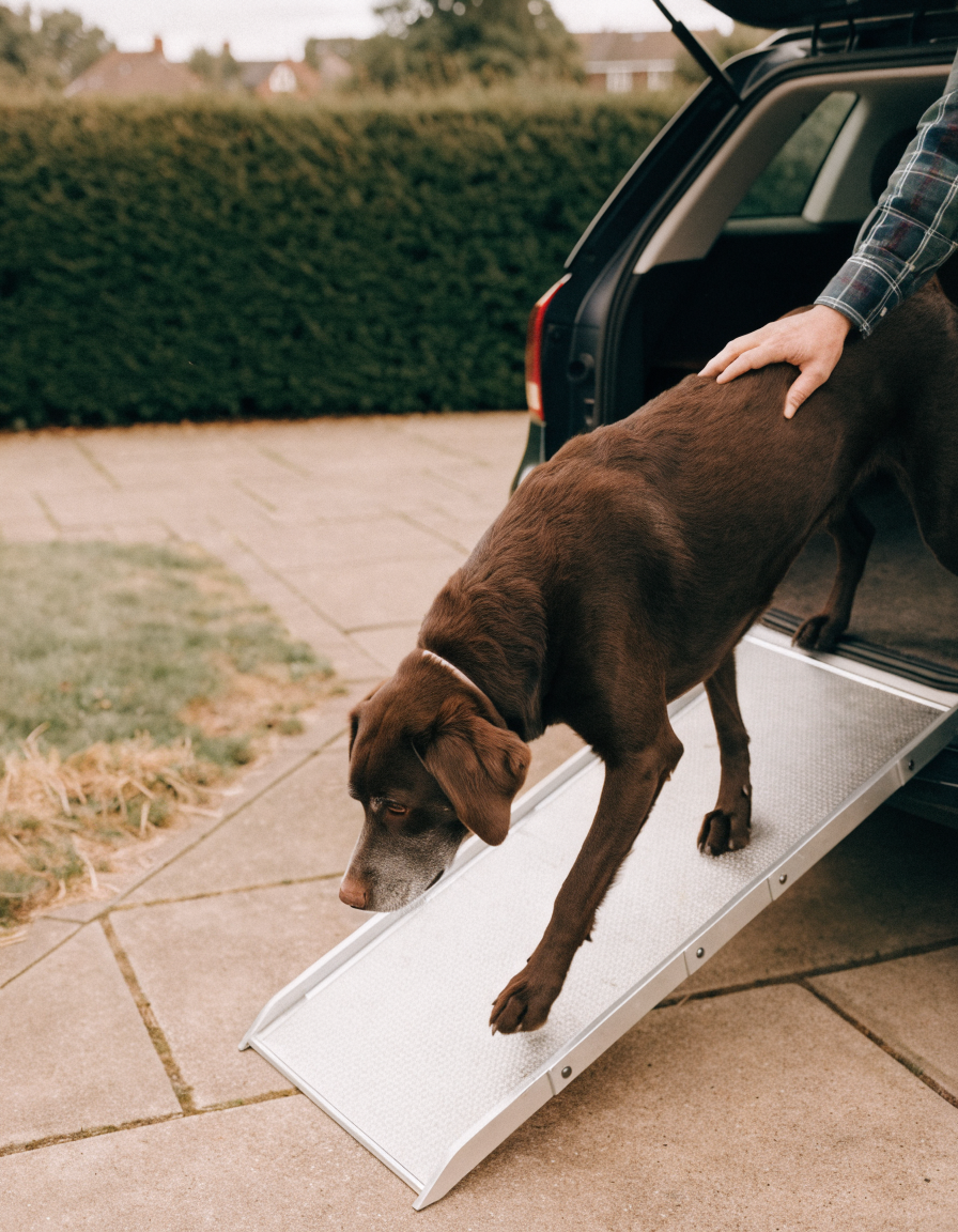 A grey-muzzled chocolate labrador walking calmly down a non-slip ramp from a car boot