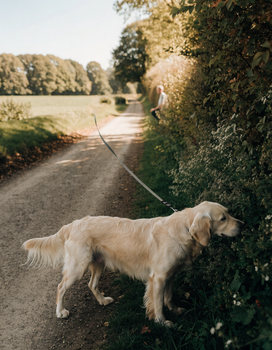 A golden retriever sniffing a hedgerow at the far end of an extended lead in a country lane