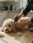 Trimming the coat of a calm apricot cockapoo with a cordless clipper on a kitchen table