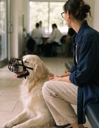 A cream golden retriever in a black basket muzzle sitting calmly in a veterinary waiting room