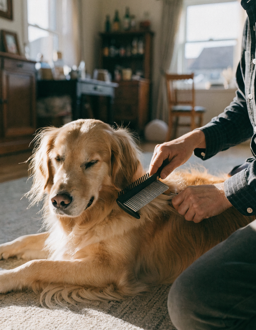 An owner brushing a golden retriever with a slicker brush on a living room rug