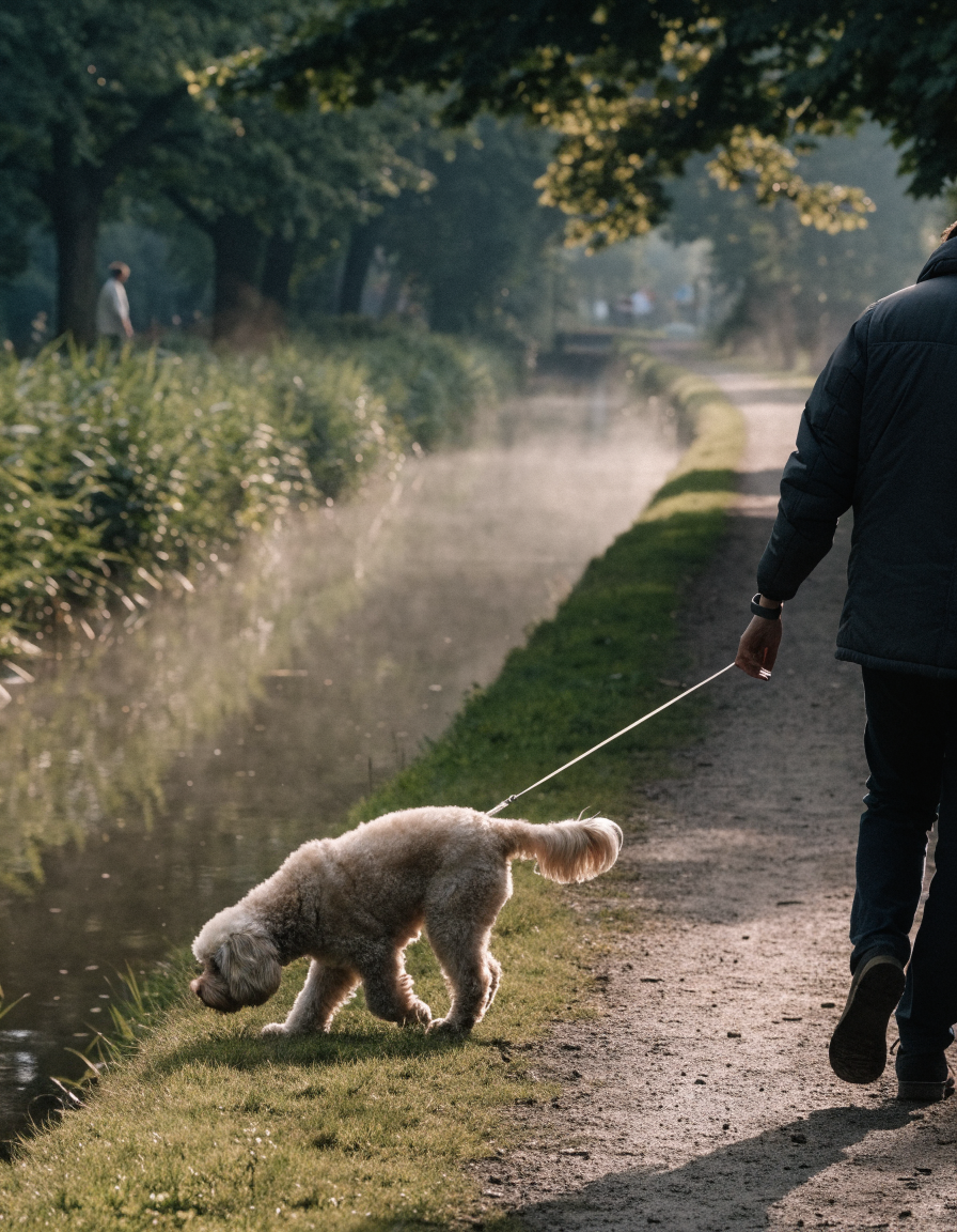 An owner walking a cockapoo on a retractable lead along a misty canal towpath