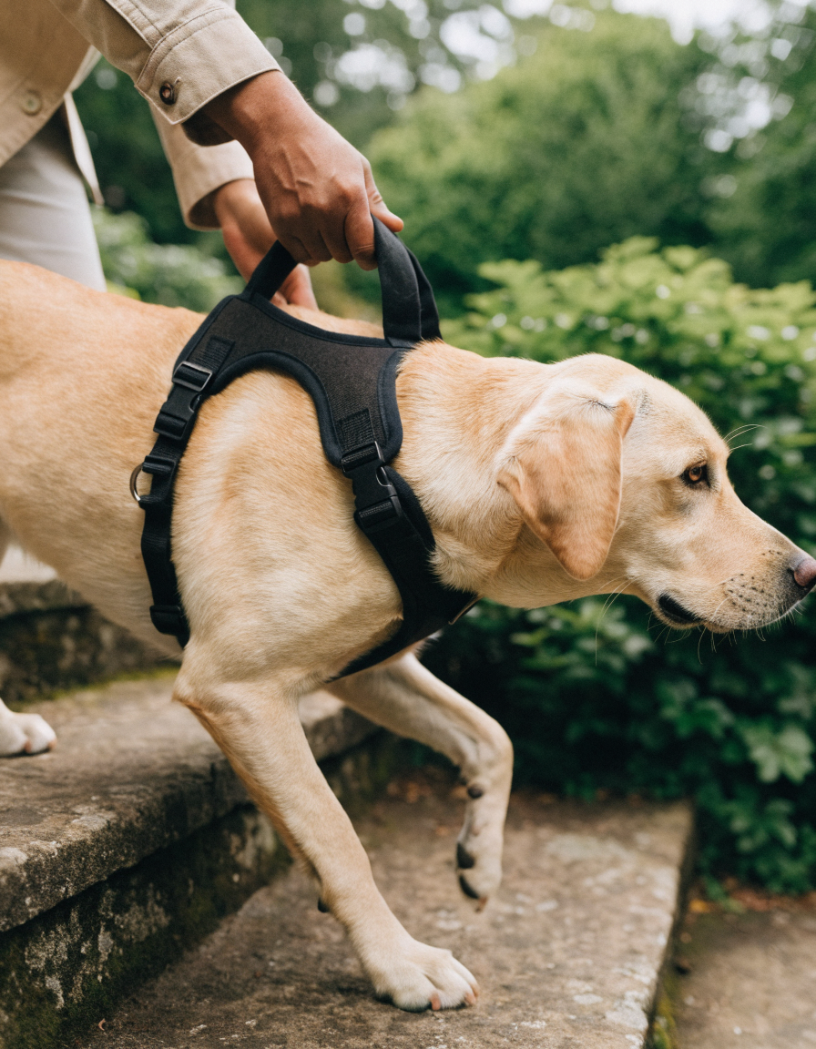 An owner uses the padded handle of a support harness to steady a yellow labrador up garden steps