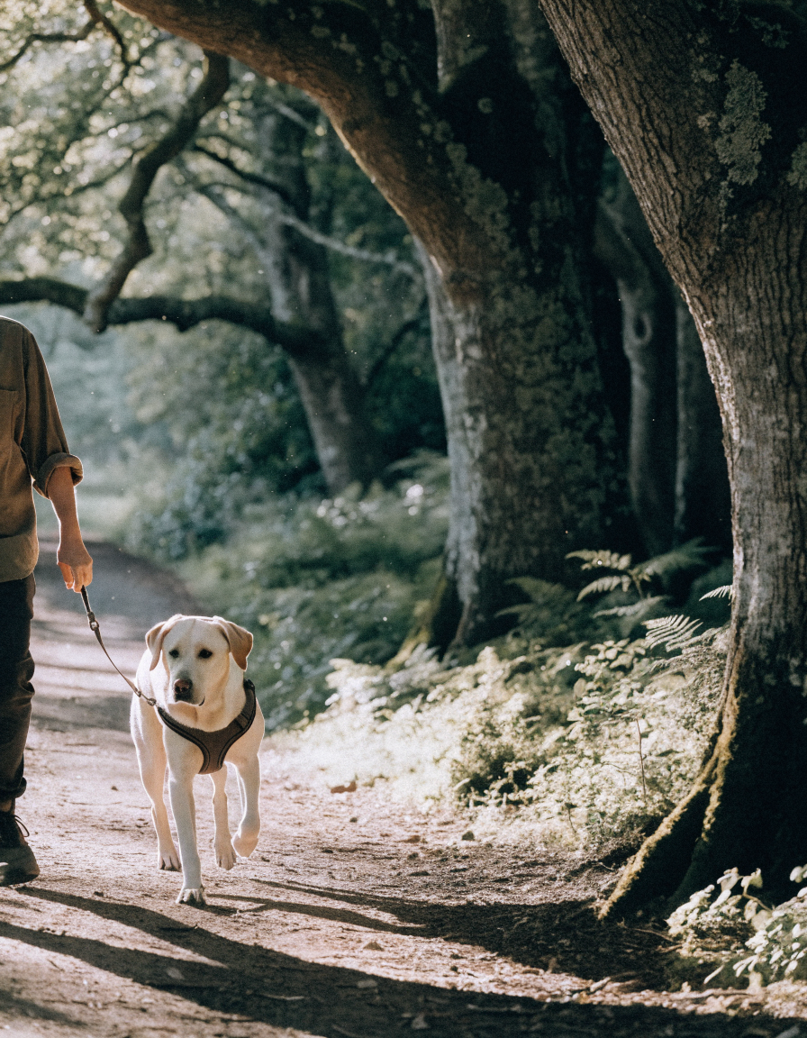 A cream labrador in a dark chest harness walking on a woodland path with its owner