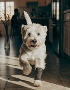A white terrier trotting happily across a kitchen floor wearing a protective leg wrap