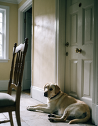 A pale yellow labrador lying calmly and quietly by a front door in a hallway