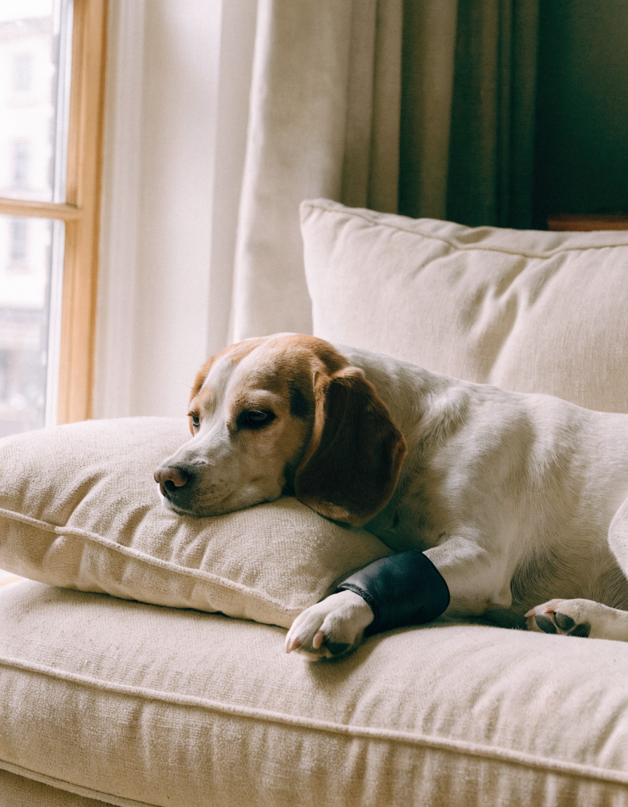 A white and tan beagle resting contentedly on a cream sofa with a leg protection sleeve on