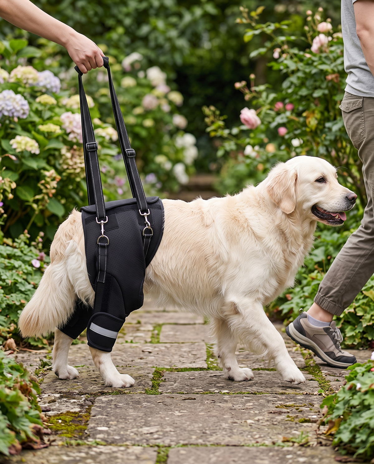 A golden retriever supported in a rear-leg sling while its owner walks beside on a garden path
