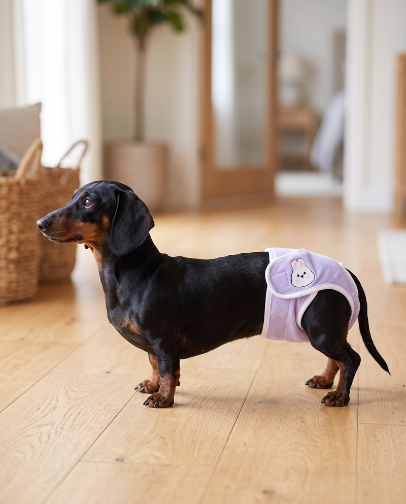 A washable belly band and reusable dog nappy folded on a clean surface
